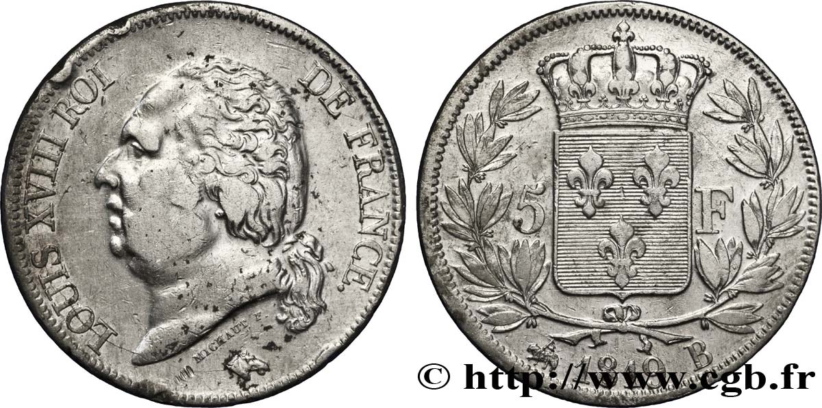 5 francs Louis XVIII, tête nue 1819 Rouen F.309/41 VF30 