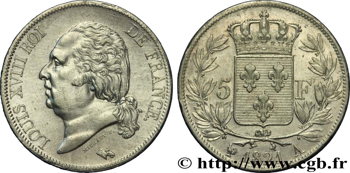 5 francs Louis XVIII, tête nue 1821 Paris F.309/60 XF42 
