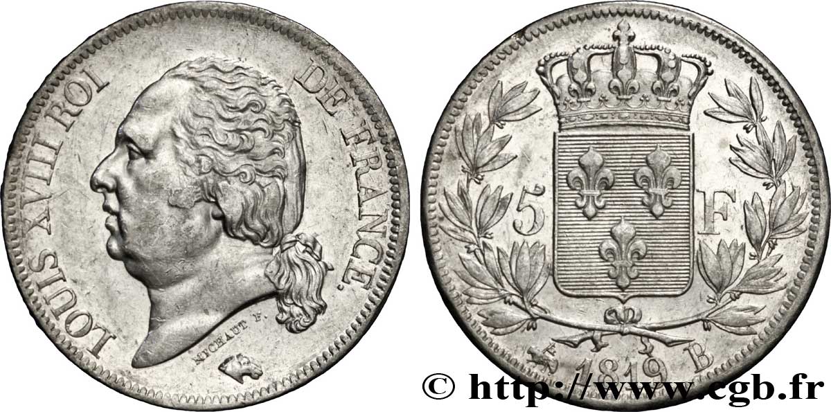 5 francs Louis XVIII, tête nue 1819 Rouen F.309/41 XF40 