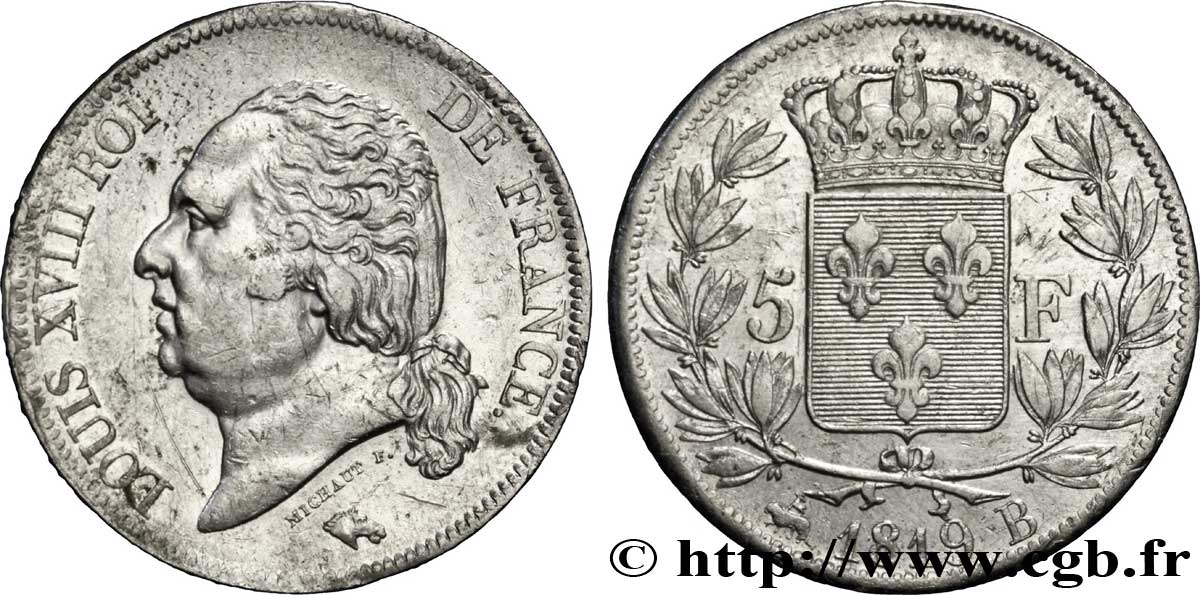 5 francs Louis XVIII, tête nue 1819 Rouen F.309/41 TB35 