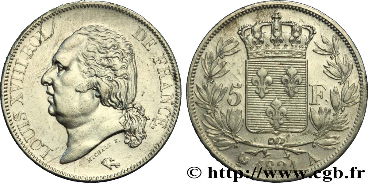 5 francs Louis XVIII, tête nue 1821 Paris F.309/60 XF 