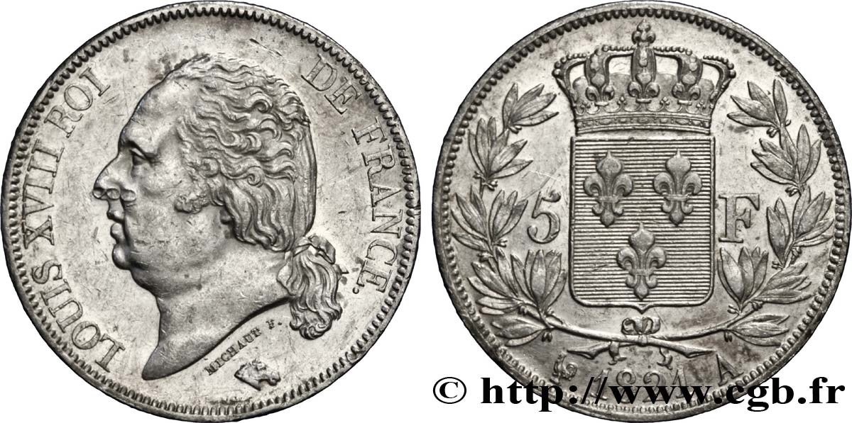 5 francs Louis XVIII, tête nue 1821 Paris F.309/60 TTB40 