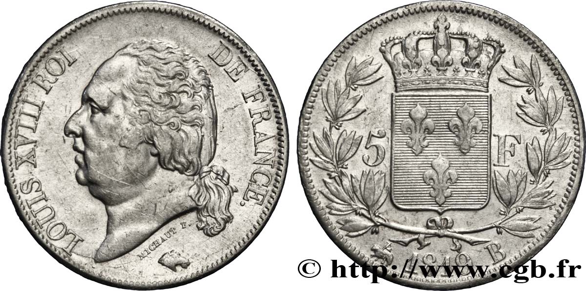 5 francs Louis XVIII, tête nue 1819 Rouen F.309/41 TTB40 