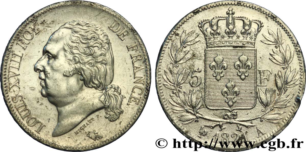 5 francs Louis XVIII, tête nue 1821 Paris F.309/60 TTB 