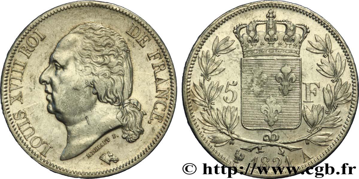 5 francs Louis XVIII, tête nue 1821 Paris F.309/60 S35 