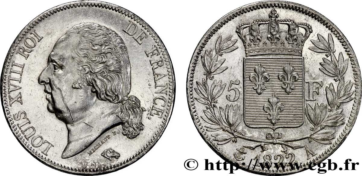 5 francs Louis XVIII, tête nue 1822 Paris F.309/68 AU58 