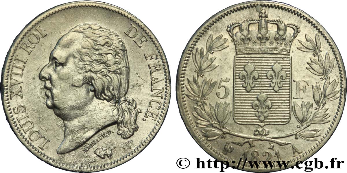 5 francs Louis XVIII, tête nue 1821 Paris F.309/60 TTB40 
