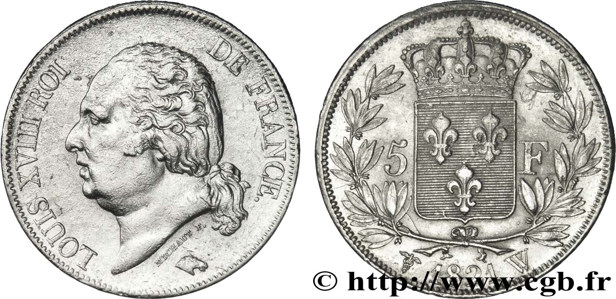 5 francs Louis XVIII, tête nue 1821 Lille F.309/67 XF45 