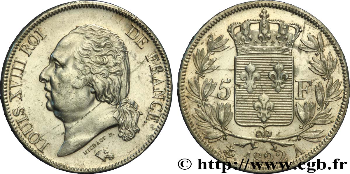 5 francs Louis XVIII, tête nue 1822 Paris F.309/68 SUP58 