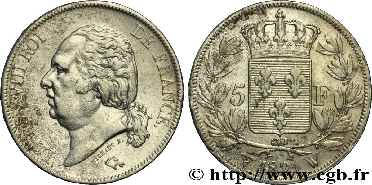 5 francs Louis XVIII, tête nue 1821 Lille F.309/67 BB 