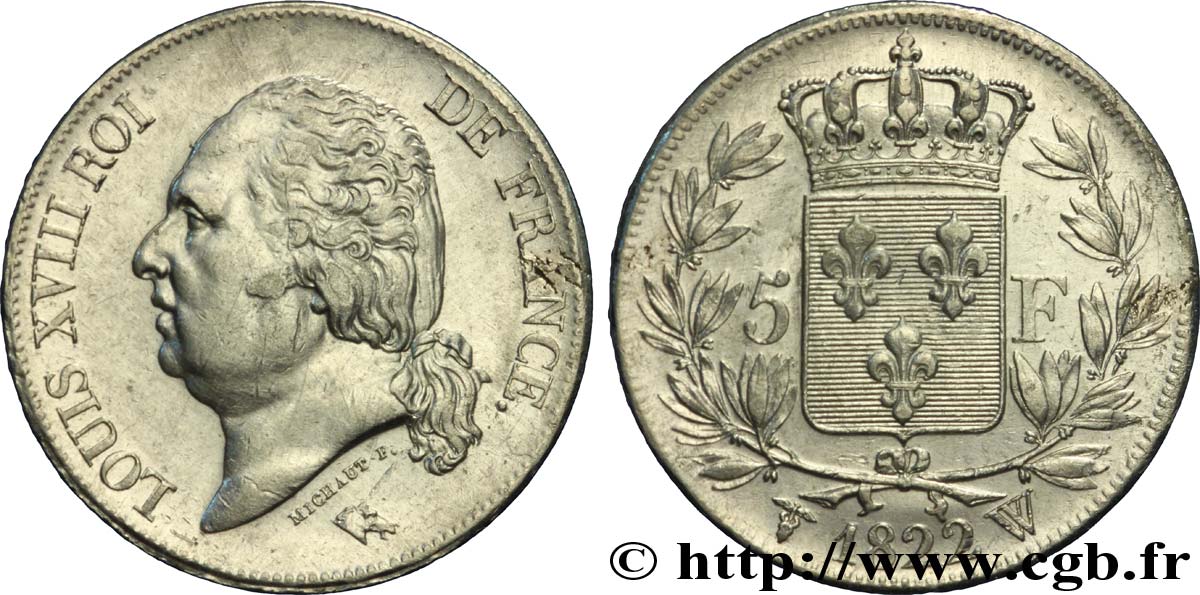 5 francs Louis XVIII, tête nue 1822 Lille F.309/75 TTB45 