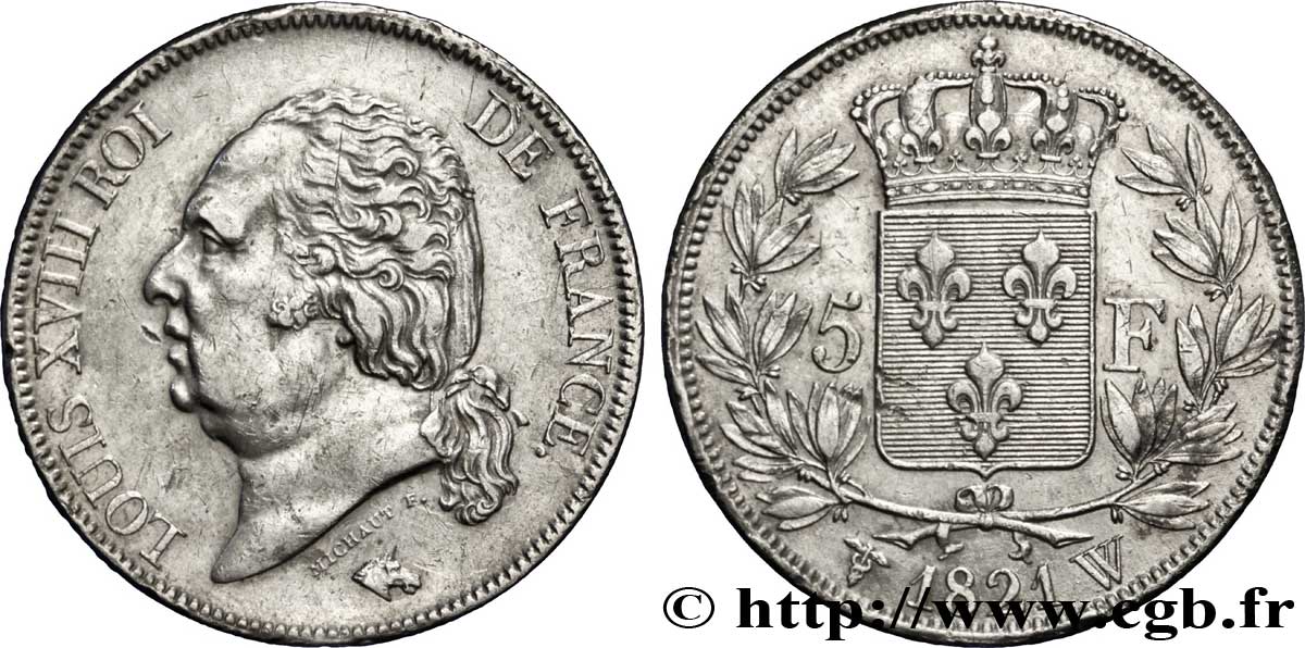 5 francs Louis XVIII, tête nue 1821 Lille F.309/67 MBC48 