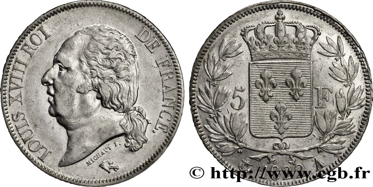 5 francs Louis XVIII, tête nue 1822 Paris F.309/68 TTB45 