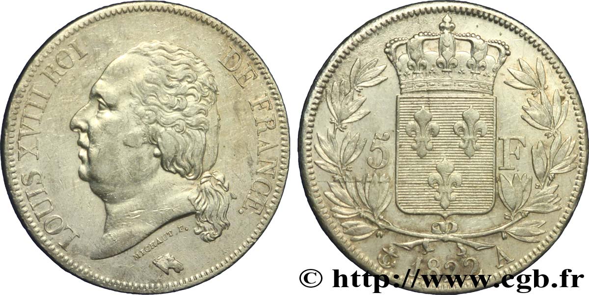 5 francs Louis XVIII, tête nue 1822 Paris F.309/68 VF35 