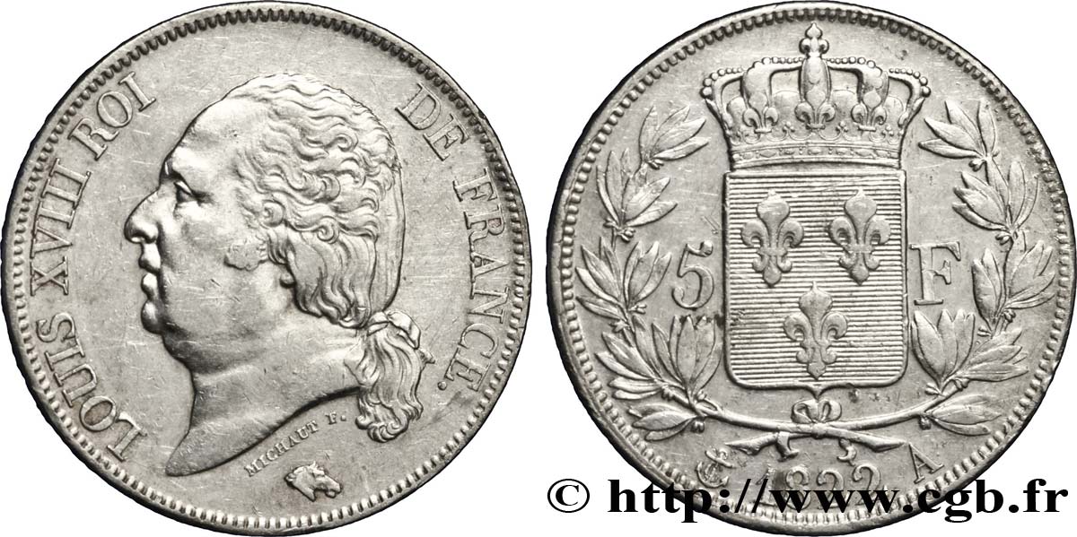 5 francs Louis XVIII, tête nue 1822 Paris F.309/68 XF45 