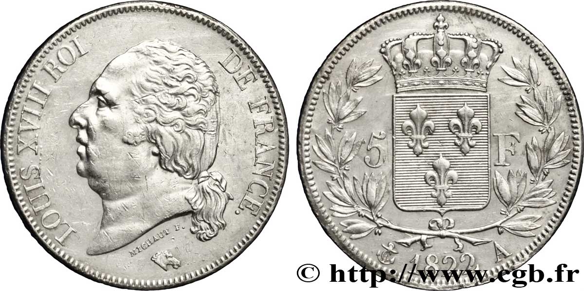 5 francs Louis XVIII, tête nue 1822 Paris F.309/68 SS48 