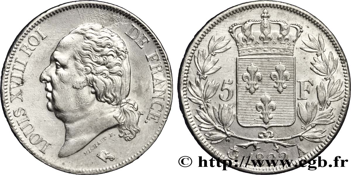 5 francs Louis XVIII, tête nue 1822 Paris F.309/68 AU50 