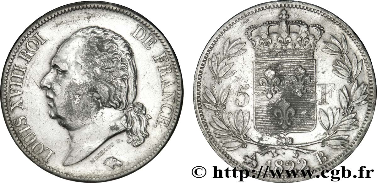 5 francs Louis XVIII, tête nue 1822 Rouen F.309/70 XF48 