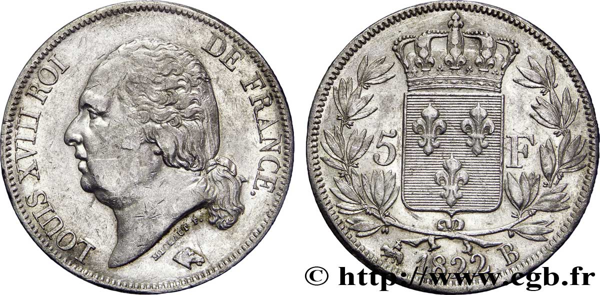 5 francs Louis XVIII, tête nue 1822 Rouen F.309/70 TTB48 