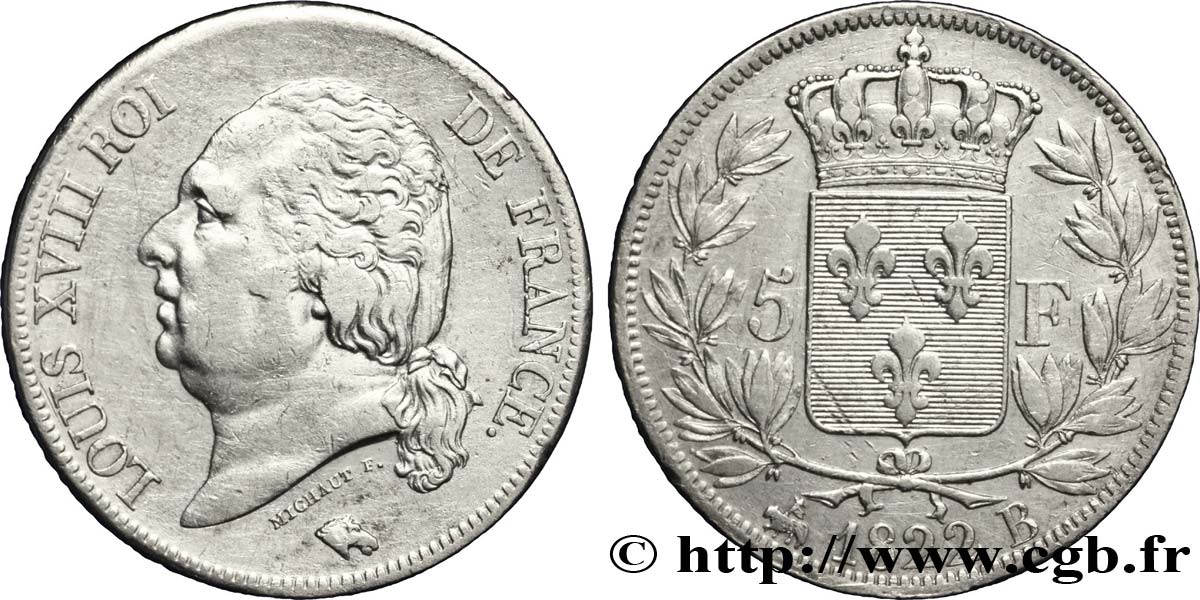 5 francs Louis XVIII, tête nue 1822 Rouen F.309/70 VF25 