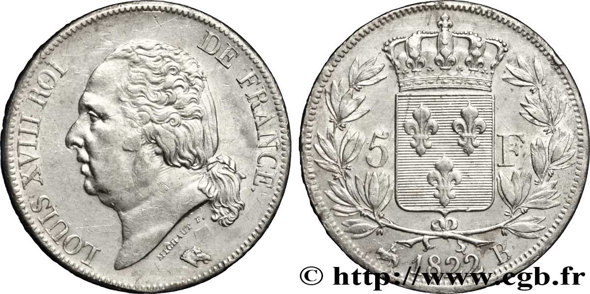 5 francs Louis XVIII, tête nue 1822 Rouen F.309/70 MBC48 