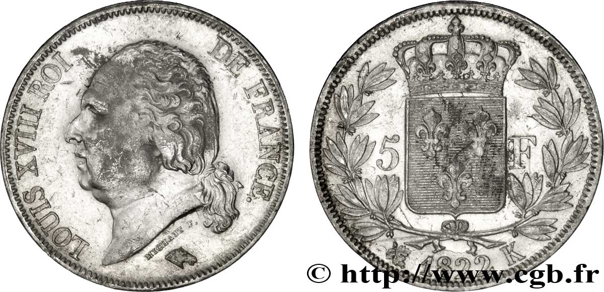 5 francs Louis XVIII, tête nue 1822 Bordeaux F.309/73 BB50 