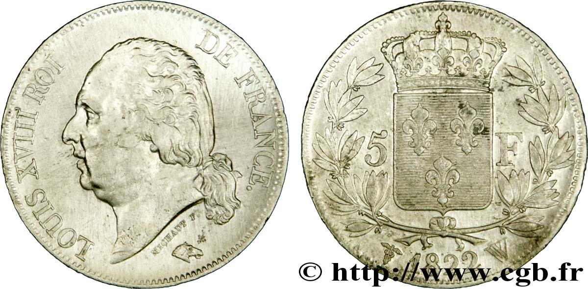 5 francs Louis XVIII, tête nue 1822 Lille F.309/75 TTB50 