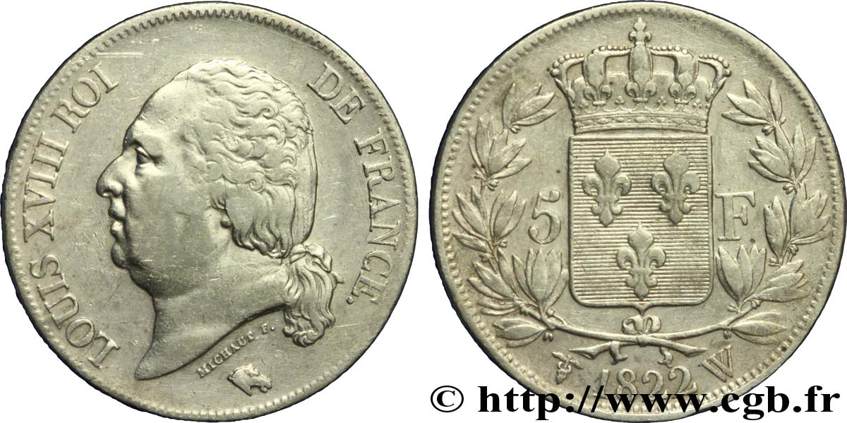 5 francs Louis XVIII, tête nue 1822 Lille F.309/75 TB25 