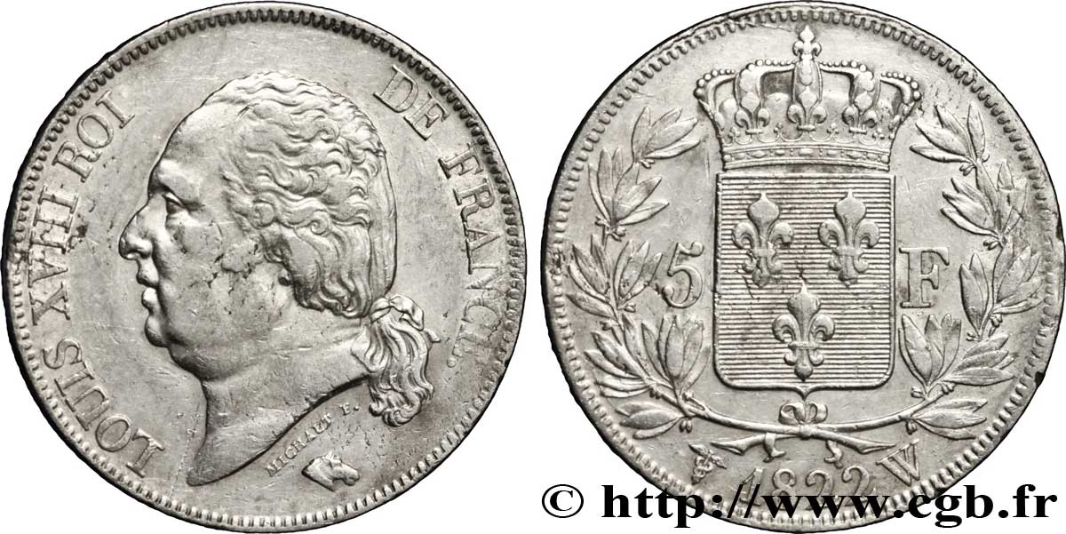 5 francs Louis XVIII, tête nue 1822 Lille F.309/75 TB35 