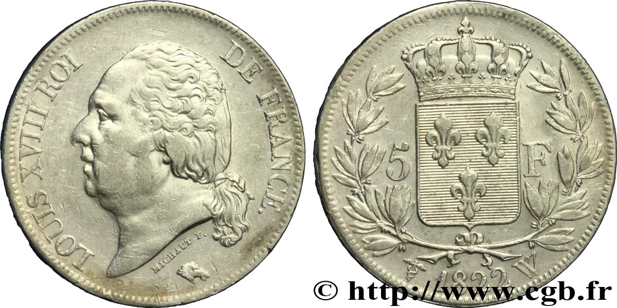 5 francs Louis XVIII, tête nue 1822 Lille F.309/75 TB30 