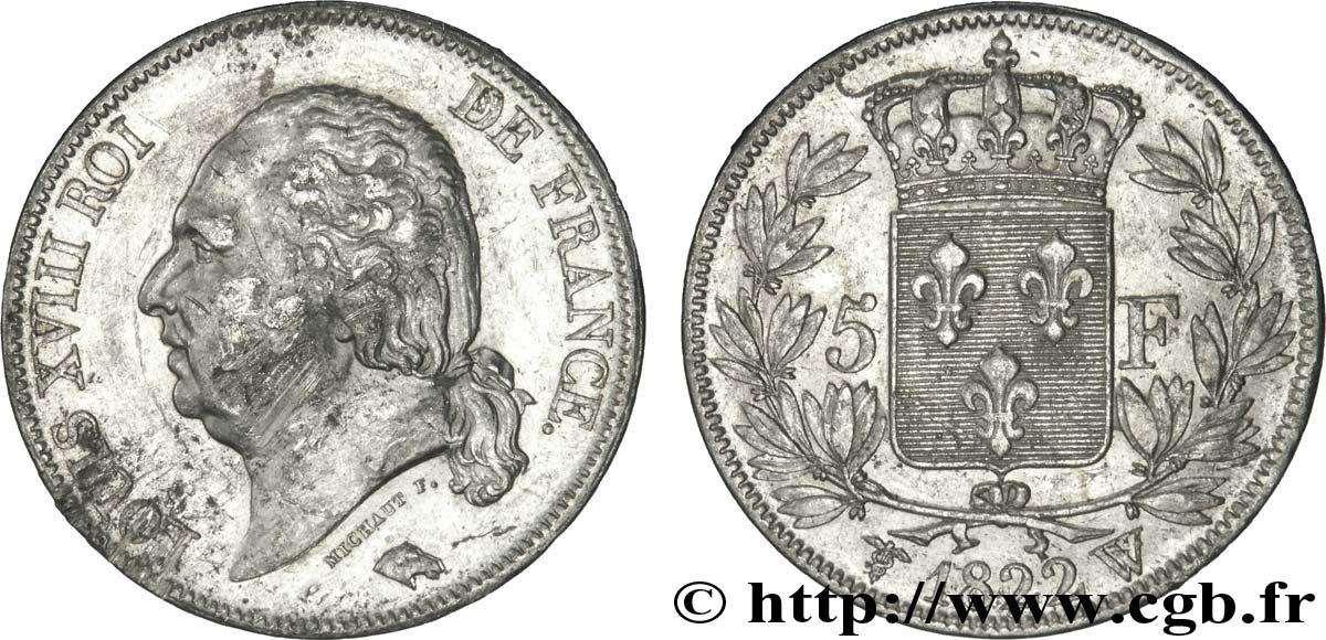 5 francs Louis XVIII, tête nue 1822 Lille F.309/75 TTB50 