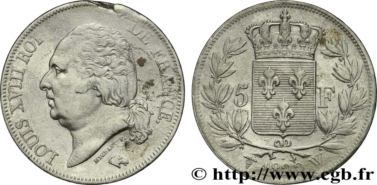5 francs Louis XVIII, tête nue 1822 Lille F.309/75 XF45 