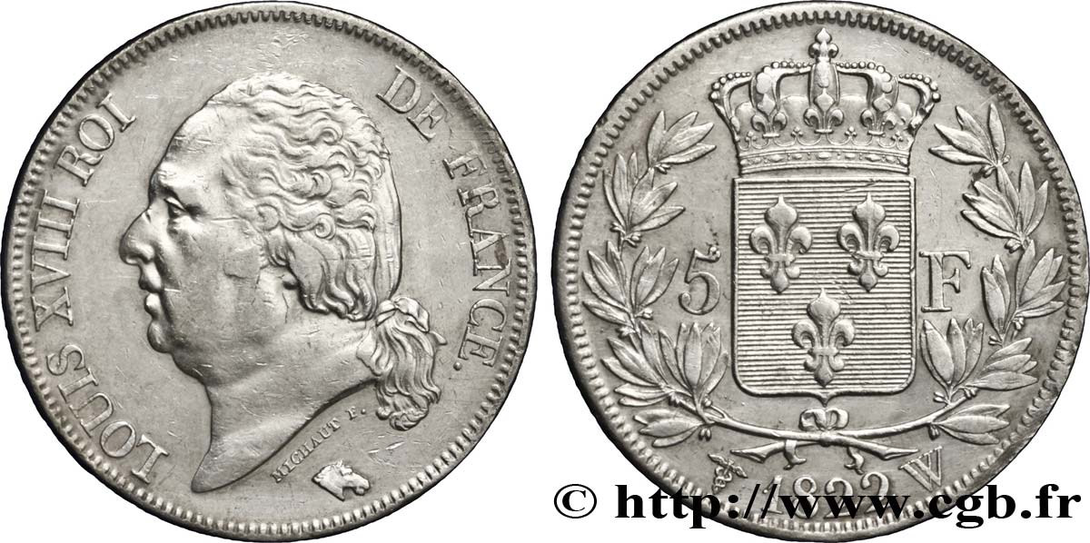 5 francs Louis XVIII, tête nue 1822 Lille F.309/75 TTB45 