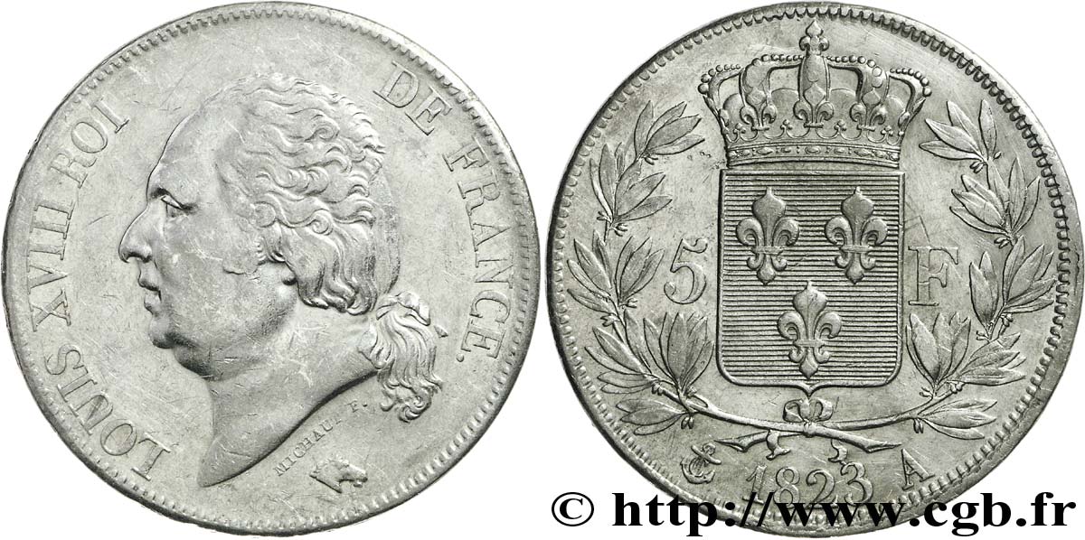 5 francs Louis XVIII, tête nue 1823 Paris F.309/76 TTB50 