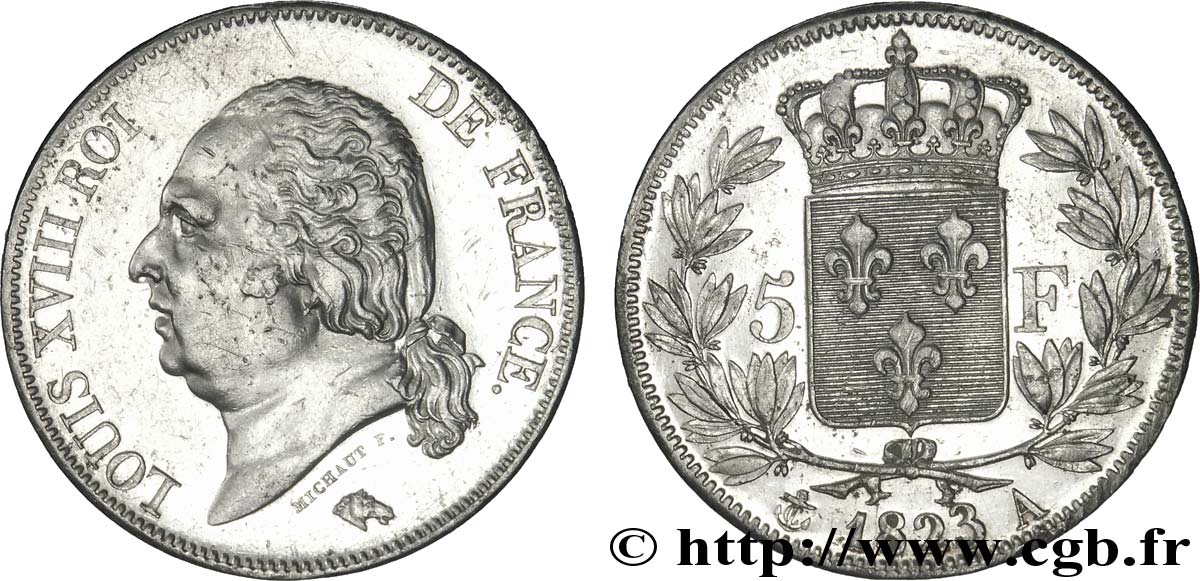 5 francs Louis XVIII, tête nue 1823 Paris F.309/76 TTB54 
