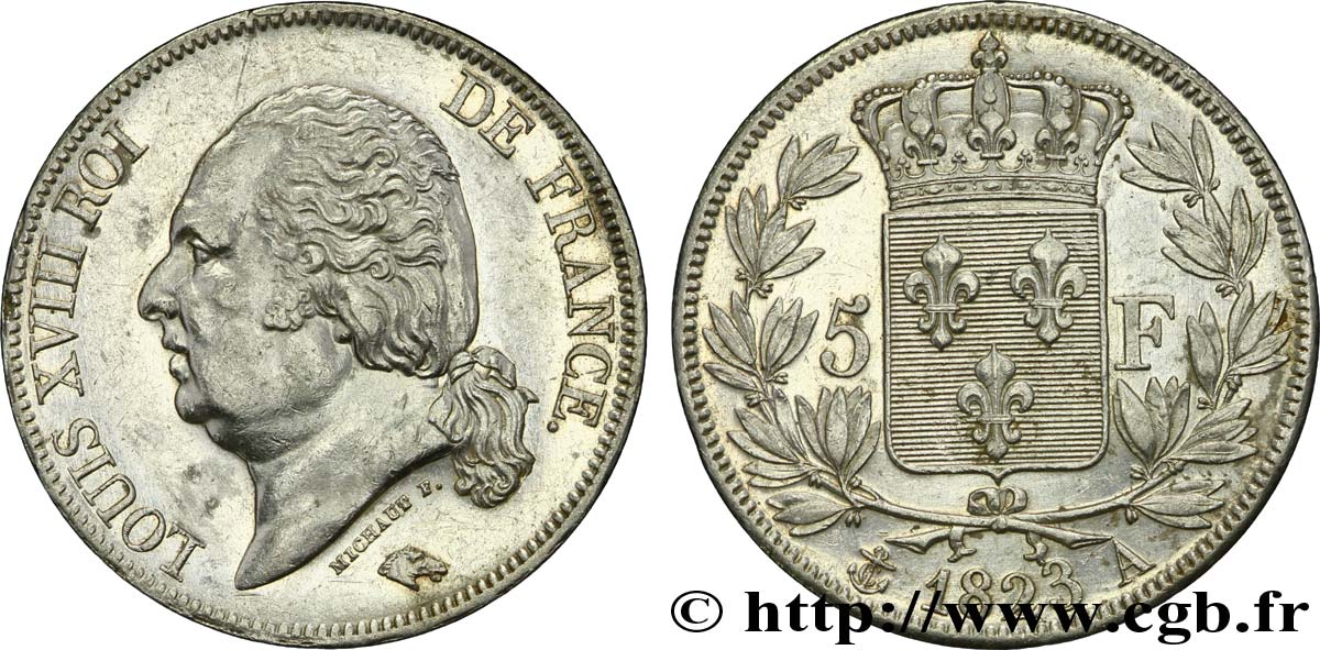 5 francs Louis XVIII, tête nue 1823 Paris F.309/76 TTB48 