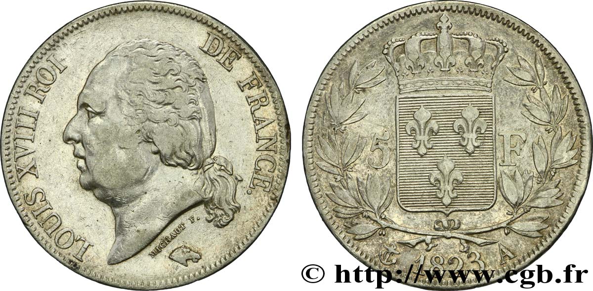 5 francs Louis XVIII, tête nue 1823 Paris F.309/76 TB35 