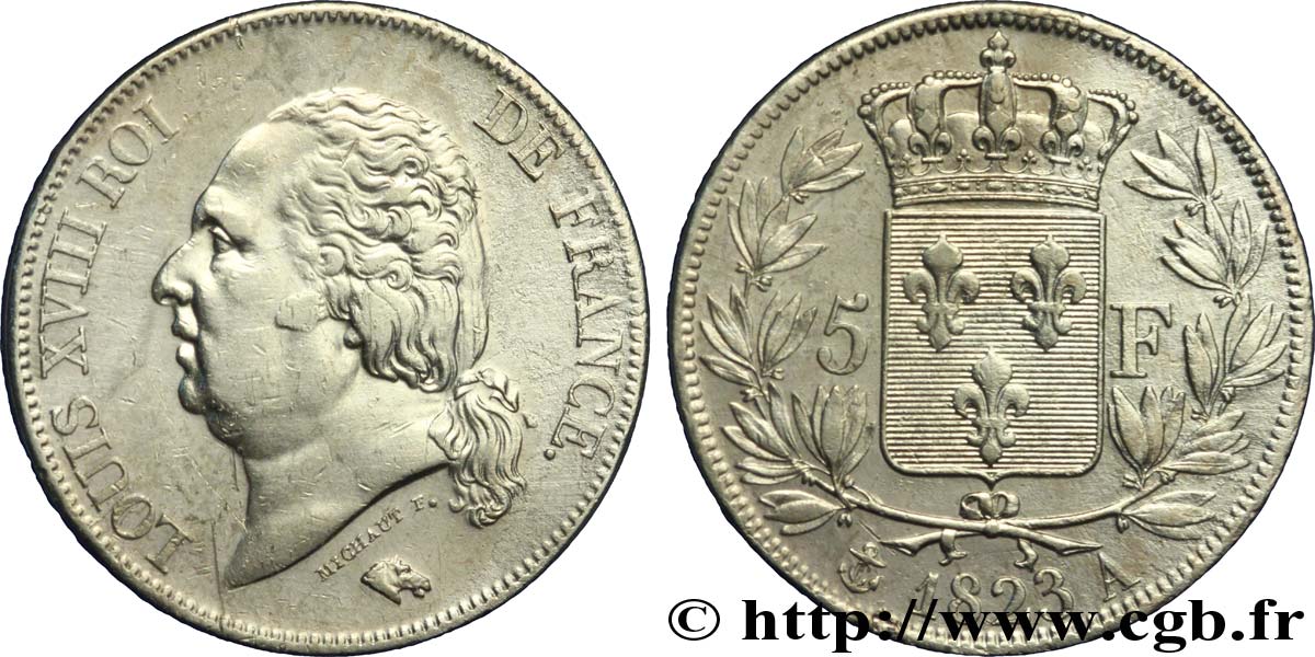 5 francs Louis XVIII, tête nue 1823 Paris F.309/76 BB45 