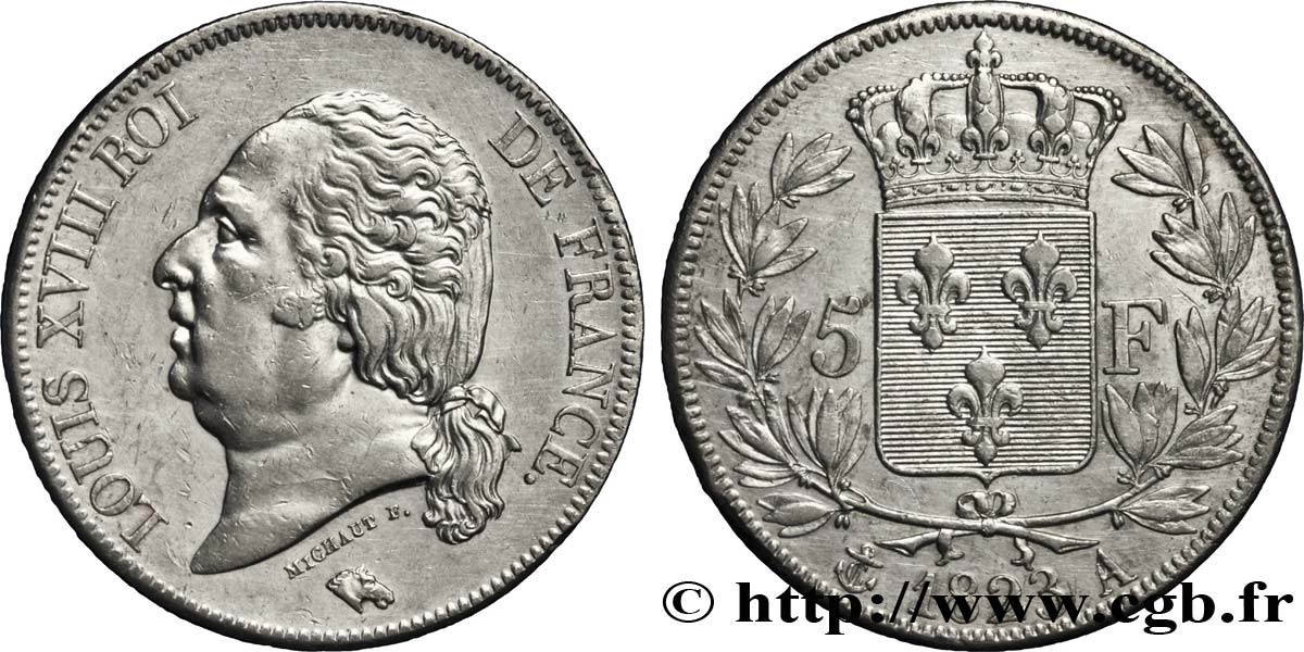 5 francs Louis XVIII, tête nue 1823 Paris F.309/76 XF45 