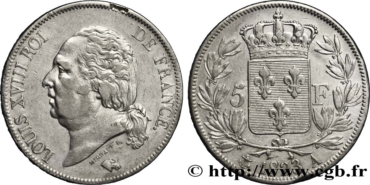 5 francs Louis XVIII, tête nue 1823 Paris F.309/76 BB42 