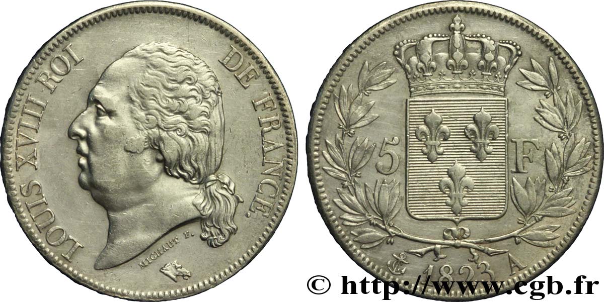 5 francs Louis XVIII, tête nue 1823 Paris F.309/76 TTB45 