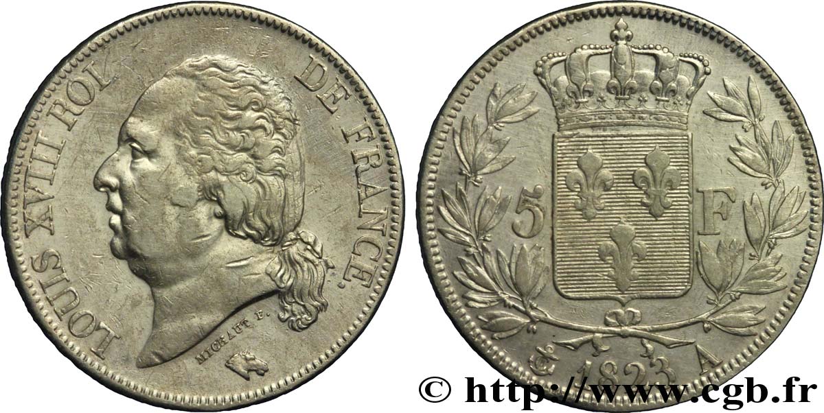 5 francs Louis XVIII, tête nue 1823 Paris F.309/76 TB35 