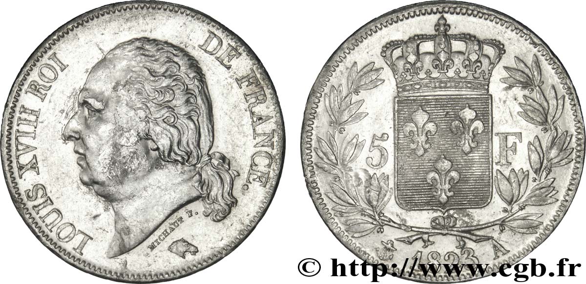 5 francs Louis XVIII, tête nue 1823 Paris F.309/76 TTB50 