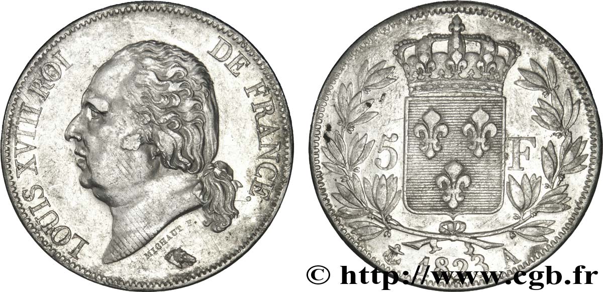 5 francs Louis XVIII, tête nue 1823 Paris F.309/76 TTB48 