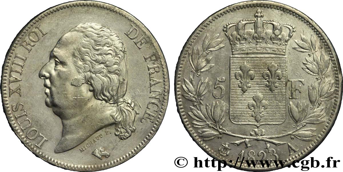 5 francs Louis XVIII, tête nue 1823 Paris F.309/76 TTB40 