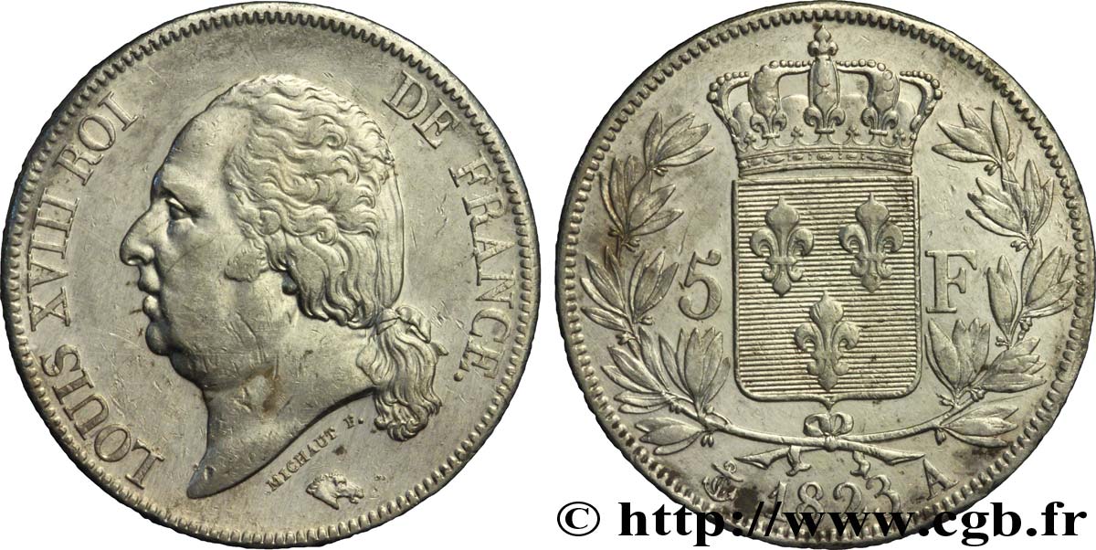 5 francs Louis XVIII, tête nue 1823 Paris F.309/76 XF45 