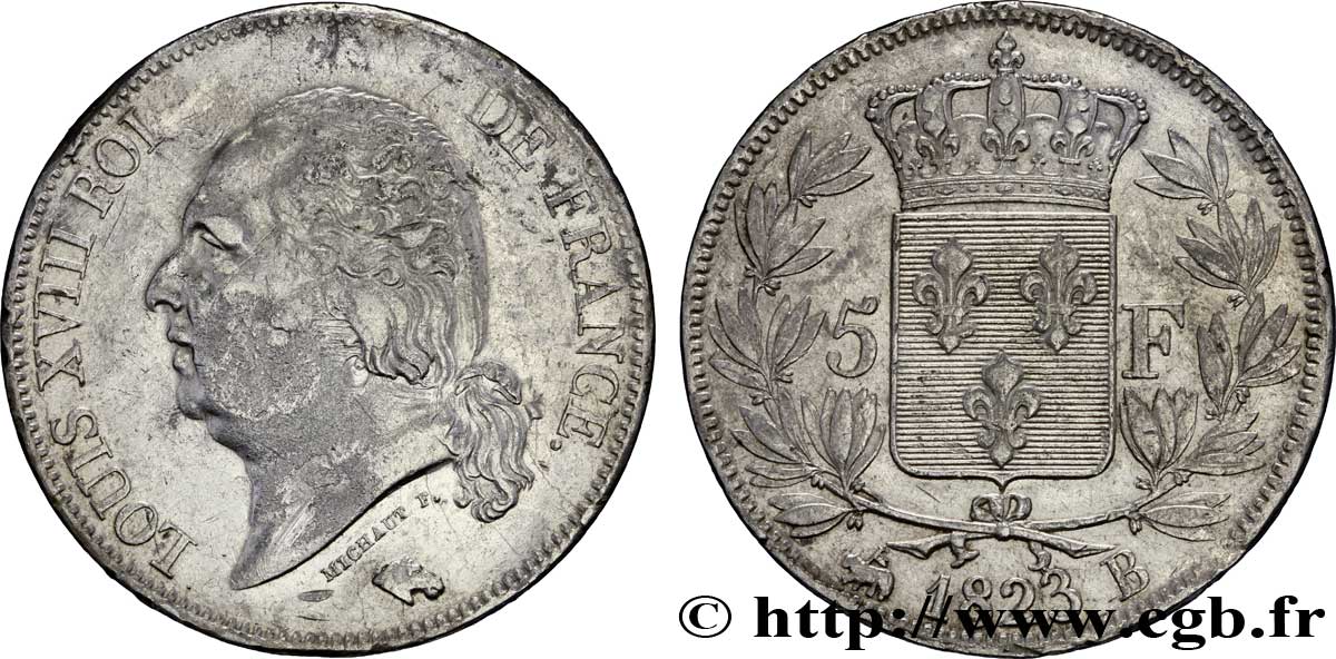 5 francs Louis XVIII, tête nue 1823 Rouen F.309/77 XF45 