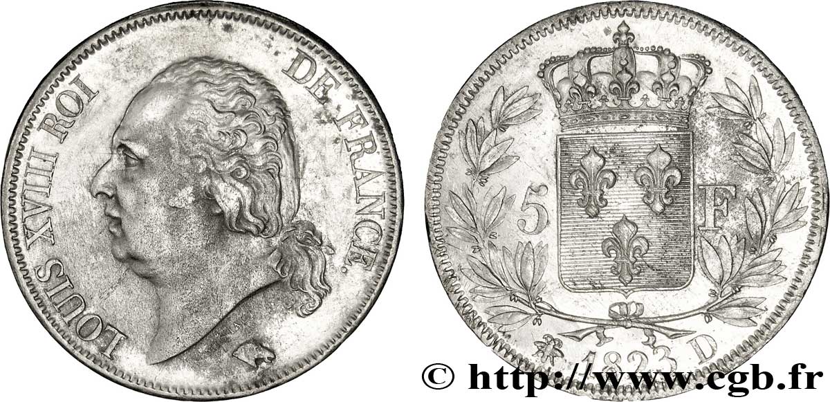 5 francs Louis XVIII, tête nue 1823 Lyon F.309/79 AU50 