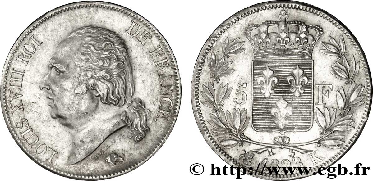 5 francs Louis XVIII, tête nue 1823 Bordeaux F.309/82 BB50 