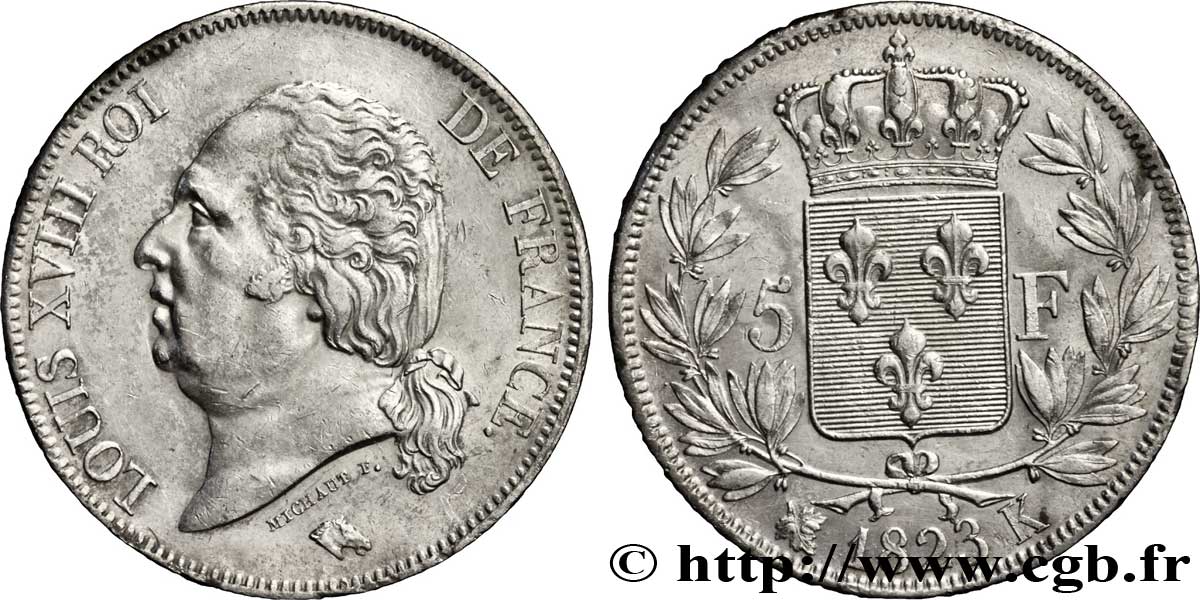 5 francs Louis XVIII, tête nue 1823 Bordeaux F.309/82 SS50 